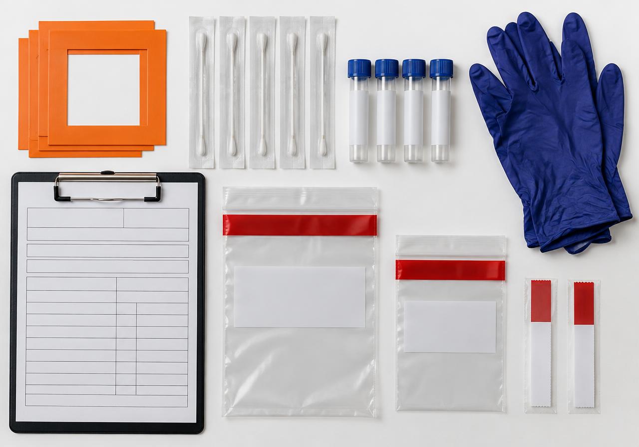 Sampling kit with orange 10 by 10 centimetre templates, swabs, sample tubes, gloves and seal bags